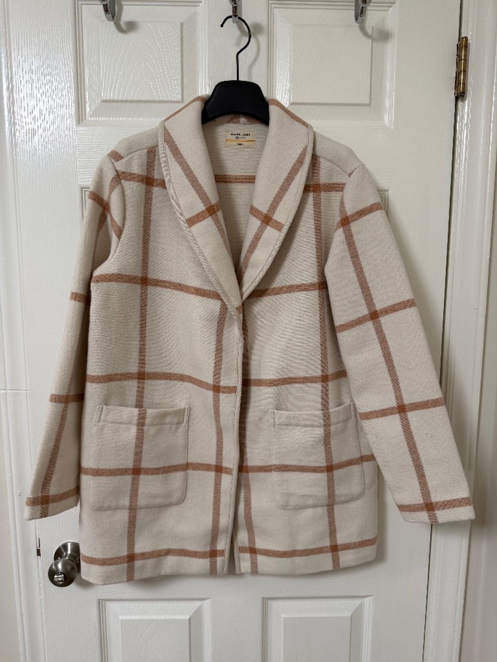 MARINE LAYER Liverpool Coatigan in Cream and Tan Windowpane Print Size XS